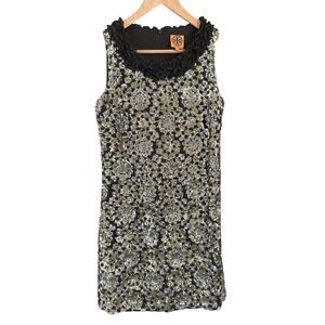 Tory Burch floral sequin mini dress size 4 100% silk black gold silver